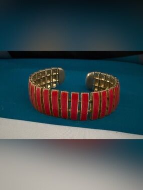 Vintage Gold Tone Cuff Bracelet with Coral Red Enamel Bars